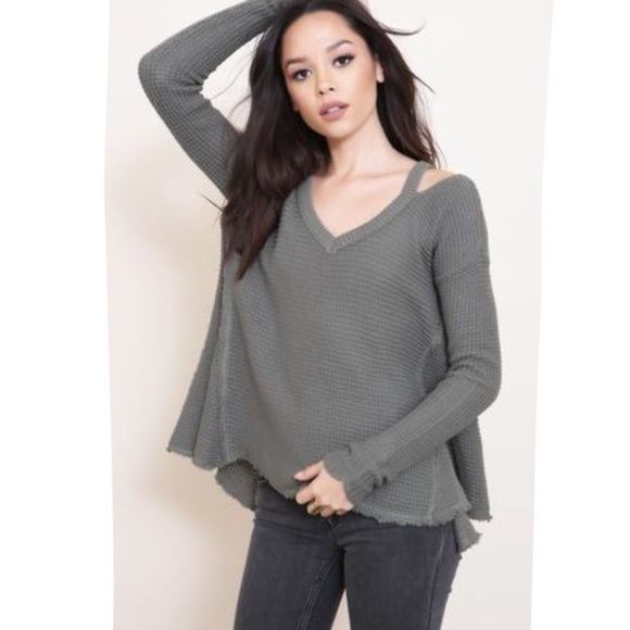 Free People 🔥SALE🔥Moonshine blue waffle knit cold shoulder sweater. NWT - Picture 6 of 9